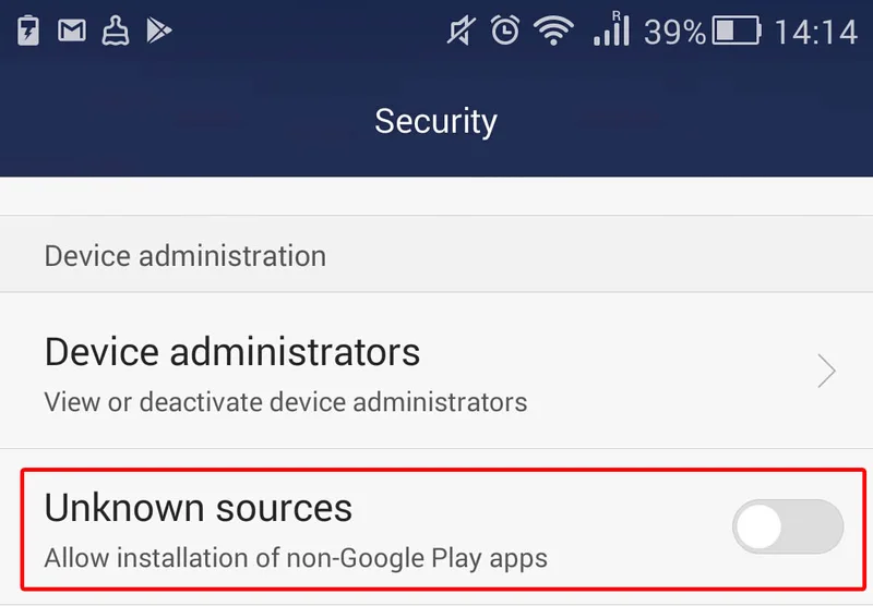Android security settings step allowing package installation from verified sources