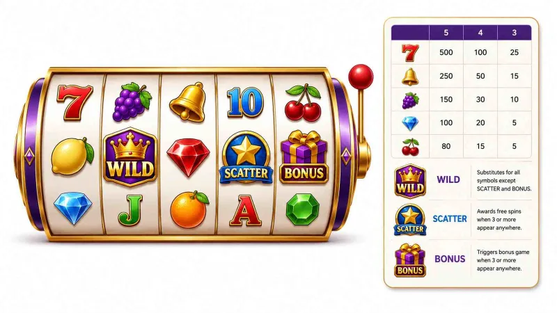 Slot game paytable layout, wild substitutions, and scatter bonus triggers