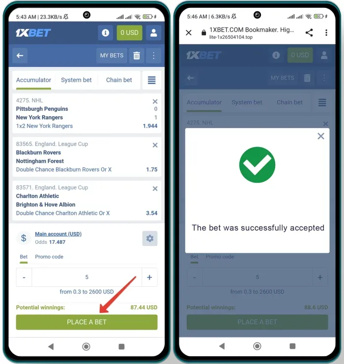 Online betting slip featuring Single, Accumulator, and System wager options